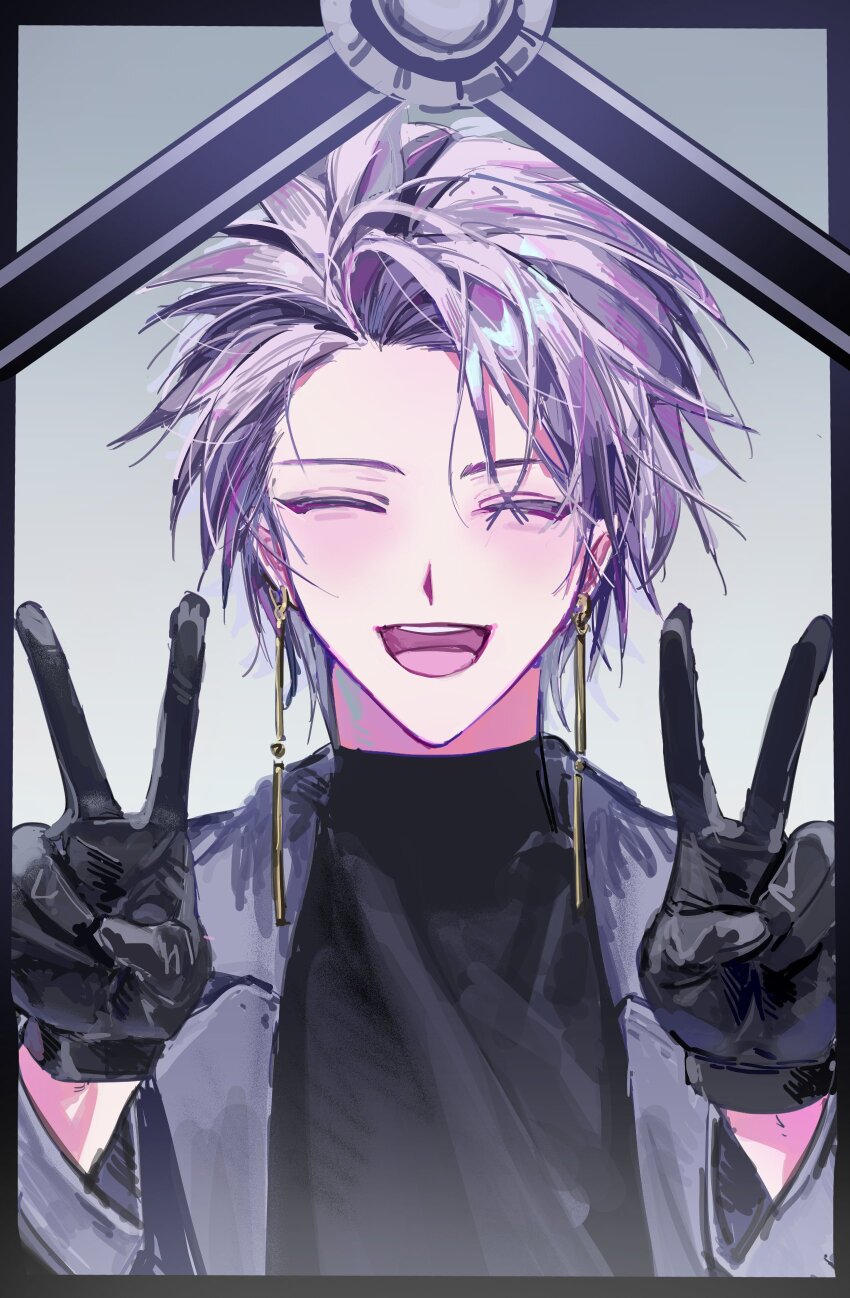 1boy, absurdres, black_gloves, black_shirt, closed_eyes, commentary_request, double_v, earrings