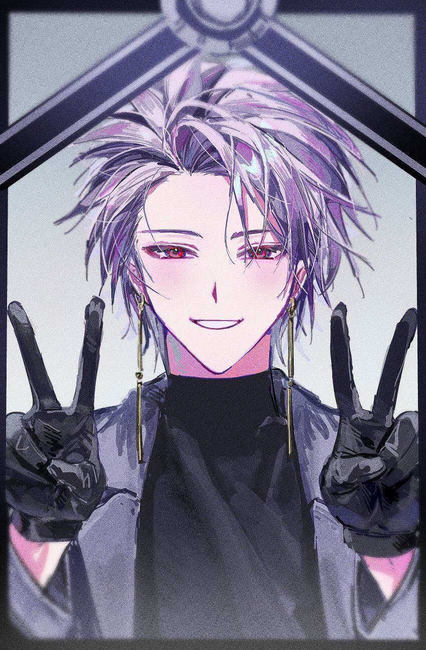 1boy, absurdres, black_gloves, black_shirt, commentary_request, double_v, earrings, gloves
