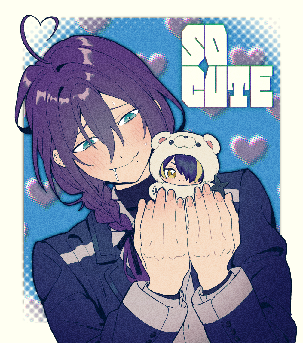 0000972, 1boy, ahoge, aqua_eyes, ayase_mayoi, bishounen, black_ribbon, blue_background