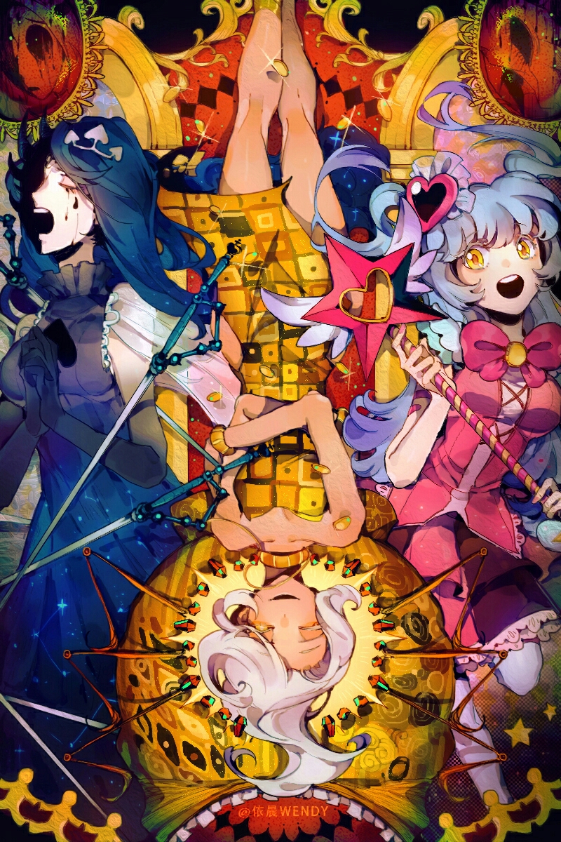 3girls, angel_wings, armlet, artist_name, bare_arms, bare_legs, bare_shoulders, black_gloves