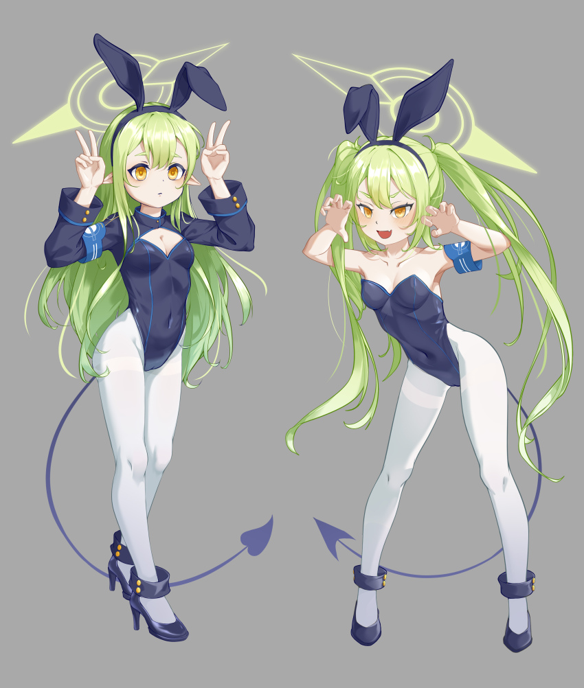 2girls, absurdres, animal_ears, ankle_cuffs, armband, bare_shoulders, blue_ankle_cuffs, blue_archive, blue_armband, blue_leotard, blue_shoes, blue_shrug, blue_tail, blush, breasts, claw_pose, cleavage, cleavage_cutout, closed_mouth, clothing_cutout, collarbone, commentary_request, covered_navel, demon_tail, double_v, fake_animal_ears, fang, full_body, green_hair, green_halo, grey_background, hair_between_eyes, halo, high_heels, highleg, highleg_leotard, highres, hikari_(blue_archive), leotard, long_hair, long_sleeves, multiple_girls, nozomi_(blue_archive), open_mouth, pantyhose, playboy_bunny, pointy_ears, rabbit_ears, shoes, shrug_(clothing), siblings, simple_background, sisters, skin_fang, small_breasts, smile, standing, strapless, strapless_leotard, tail, tao_tie_(artist), taunting, twins, twintails, v, very_long_hair, white_pantyhose, wrist_cuffs, yellow_eyes