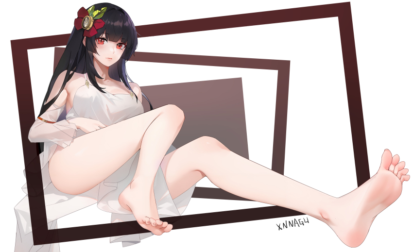 1girl, absurdres, barefoot, black_hair, blunt_sidelocks, feet, highres, indomitable_(warship_girls_r), legs, long_hair, looking_at_viewer, mole, mole_under_eye, red_eyes, sidelocks, soles, toes, warship_girls_r, xnnagu