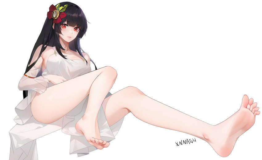 1girl, absurdres, barefoot, black_hair, feet, highres, indomitable_(warship_girls_r), long_hair, looking_at_viewer, mole, mole_under_eye, red_eyes, soles, toes, warship_girls_r, white_background, xnnagu