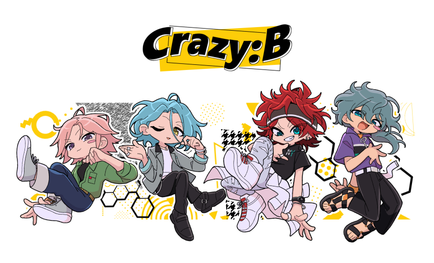 0000972, 4boys, ;d, amagi_rinne, arm_behind_back, bishounen, black_footwear, black_pants