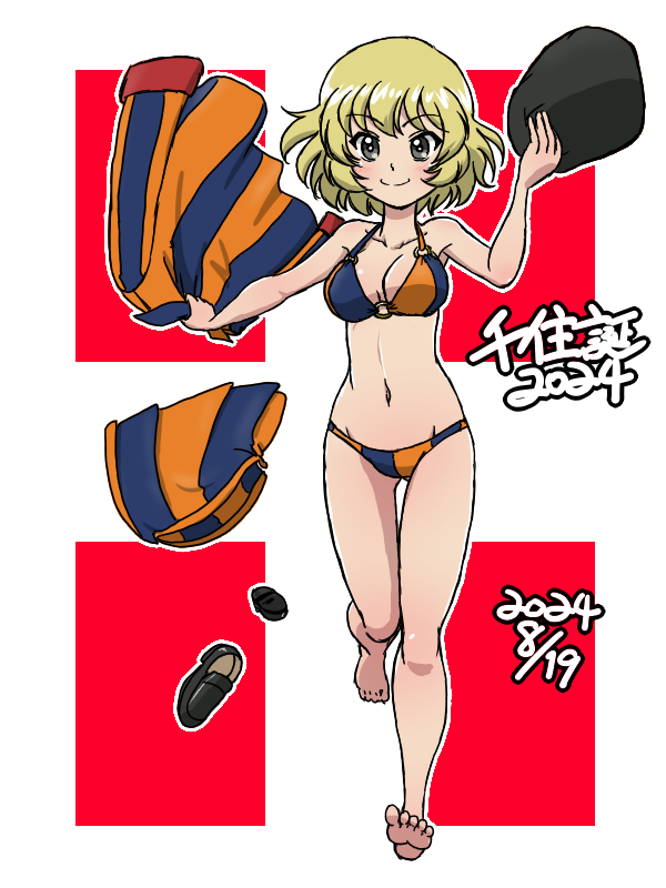 1girl, armpits, bare_shoulders, barefoot, beret, bikini, black_footwear, black_hat