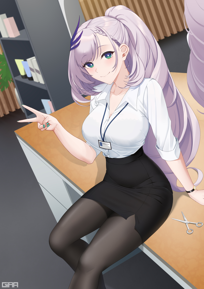 1girl, absurdres, alternate_costume, black_skirt, blue_eyes, braid, breasts, commission