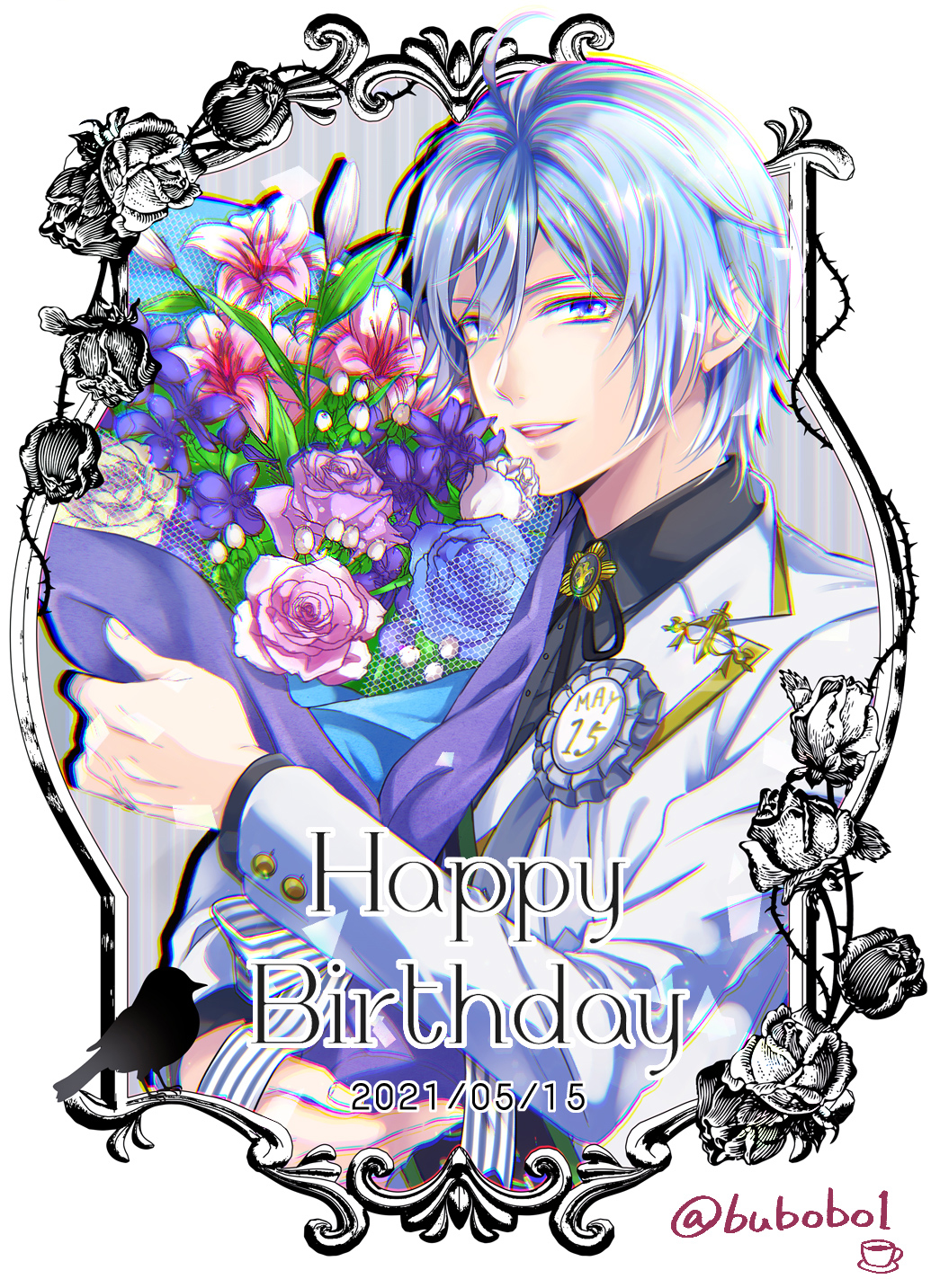 1boy, blue_eyes, blue_hair, bouquet, bubobo1, flower, happy_birthday, highres, holding, holding_bouquet, looking_at_viewer, male_focus, short_hair, silver_vanrouge, solo, twisted_wonderland