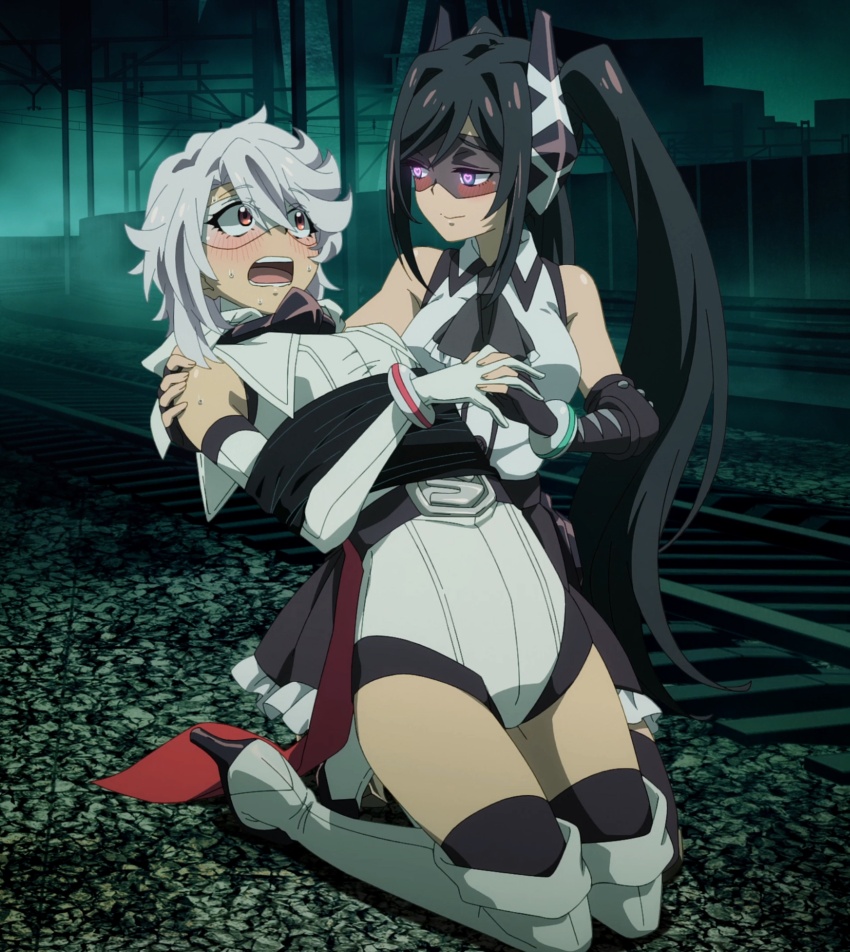 2girls, absurdres, anime_screenshot, bare_shoulders, black_hair, black_skirt, black_thighhighs, blush, boots, bound, breasts, dunant_pilse, eye_mask, fingerless_gloves, frilled_skirt, frills, gloves, hair_ornament, heart, heart-shaped_pupils, highres, hooded_leotard, interlocked_fingers, lady_black_(shy), large_breasts, leotard, long_hair, looking_at_another, mask, mind_control, momijiyama_teru, multiple_girls, open_mouth, red_eyes, shy_(character), shy_(series), skirt, smile, stitched, symbol-shaped_pupils, thighhighs, third-party_edit, twintails, white_gloves, white_hair, white_leotard, yuri