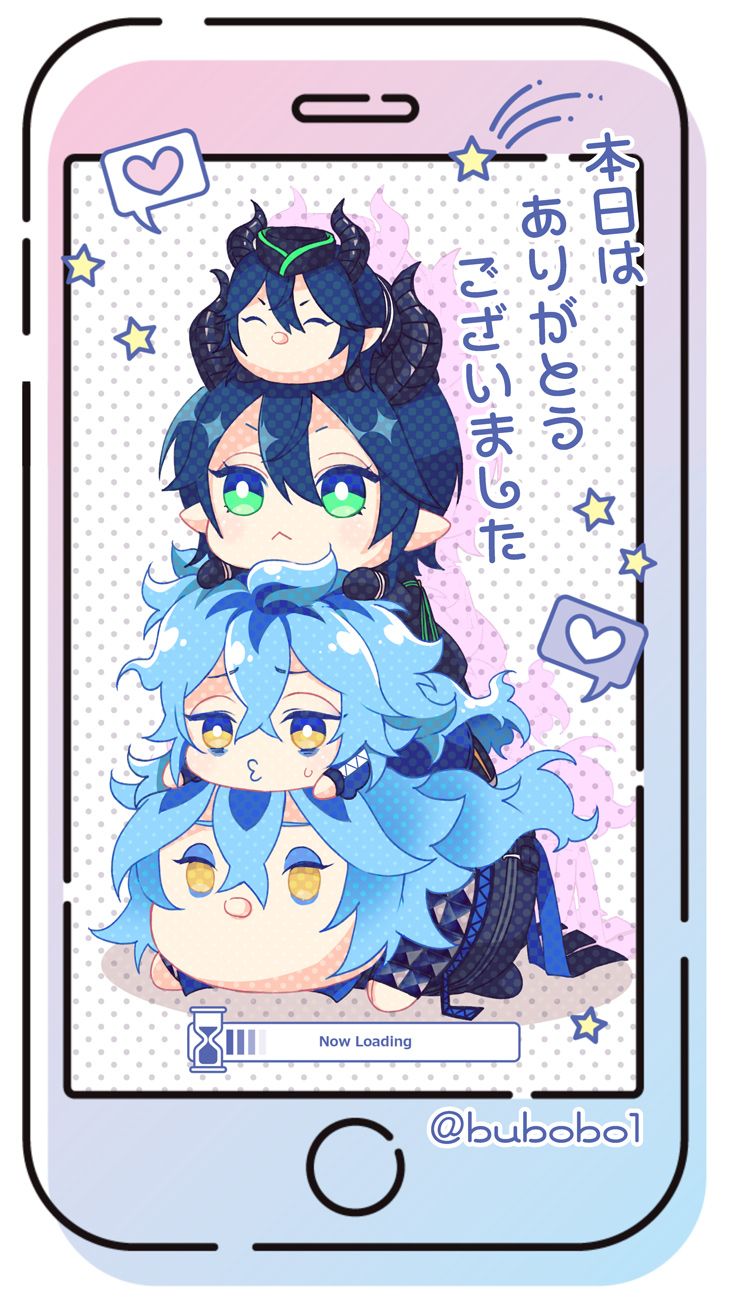 2boys, blue_hair, blue_jacket, bubobo1, cellphone, character_doll, chibi, commentary_request