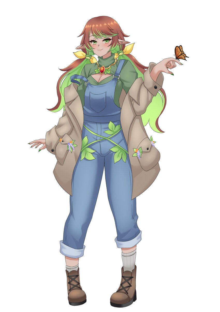 1girl, absurdres, alternate_costume, alternate_hairstyle, blue_overalls, blush, boots, breasts