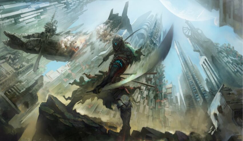 1boy, aircraft, airship, armor, bad_bcy_id, bad_id, blue_sky, building