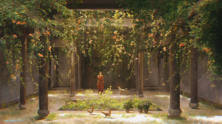 1girl, bird, black_hair, cardigan, chicken, chinese_commentary, commentary_request, dog