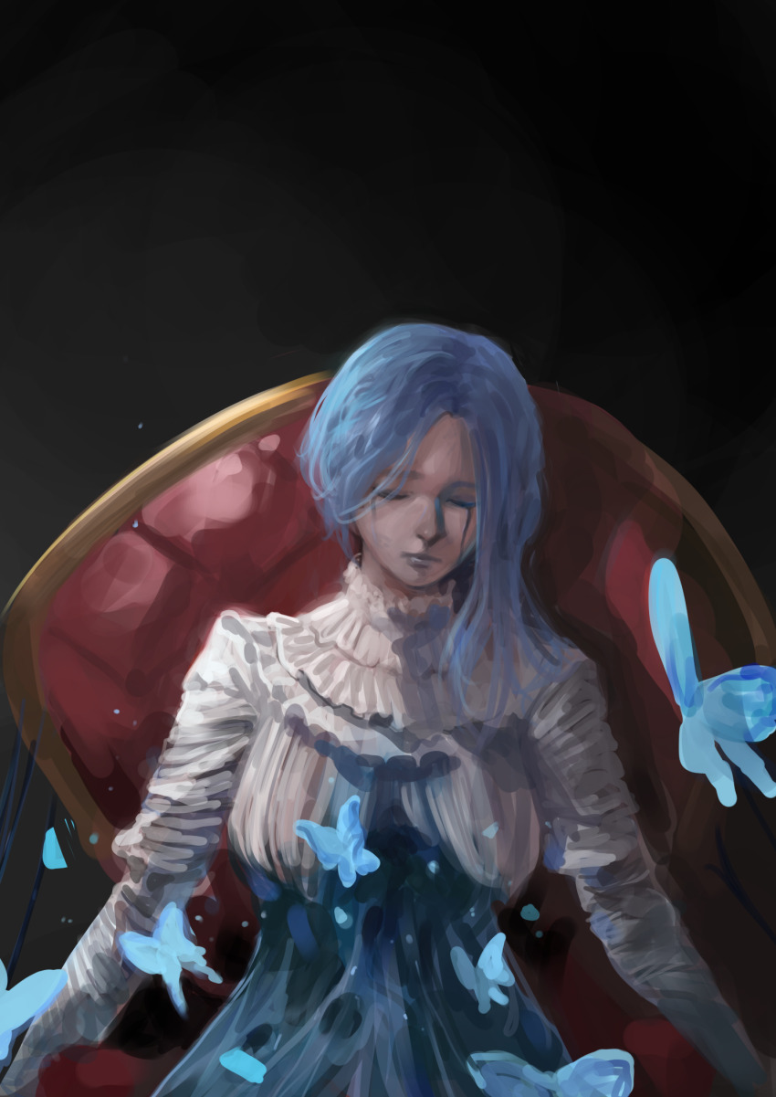 1girl, blue_butterfly, blue_hair, body_horror, bug, butterfly, chair, closed_eyes
