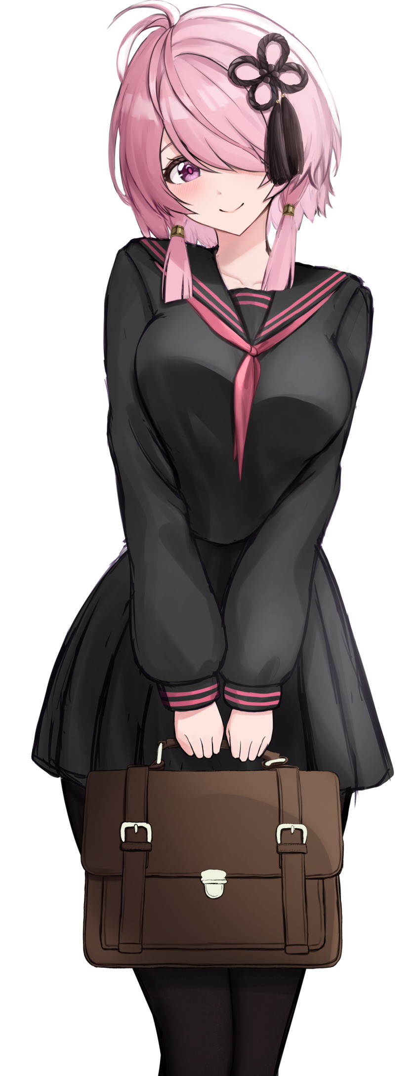 1girl, absurdres, alternate_costume, antenna_hair, bag, black_pantyhose, black_sailor_collar, black_serafuku, black_skirt, blush, breasts, briefcase, brown_bag, closed_mouth, collarbone, commentary_request, covering_one_eye, gokusei, hair_ornament, hair_over_one_eye, head_tilt, highres, holding, holding_briefcase, large_breasts, long_sleeves, looking_at_viewer, low-tied_medium_hair, low_twintails, medium_hair, neckerchief, necktie, pantyhose, pink_eyes, pink_hair, pink_neckerchief, pink_necktie, pleated_skirt, sailor_collar, school_bag, school_briefcase, school_uniform, serafuku, simple_background, skirt, sleeves_past_wrists, smile, solo, standing, taoqi_(wuthering_waves), tassel, tassel_hair_ornament, twintails, v_arms, white_background, wuthering_waves