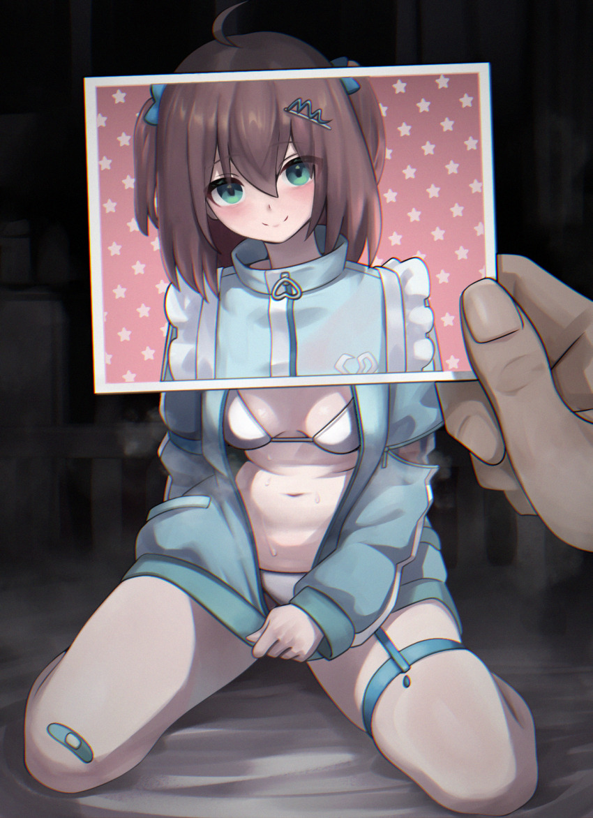 1girl, 1other, ahoge, bikini, blue_jacket, blush, breasts, brown_hair, center_opening, closed_mouth, commentary, dalcom, green_eyes, hair_between_eyes, hair_ornament, highres, hololive, jacket, long_sleeves, looking_at_viewer, medium_breasts, natsuiro_matsuri, natsuiro_matsuri_(jersey_maid), navel, official_alternate_costume, official_alternate_hairstyle, photo_(object), polaroid_photo, pov, pov_hands, puffy_long_sleeves, puffy_sleeves, stomach, swimsuit, two_side_up, virtual_youtuber, white_bikini