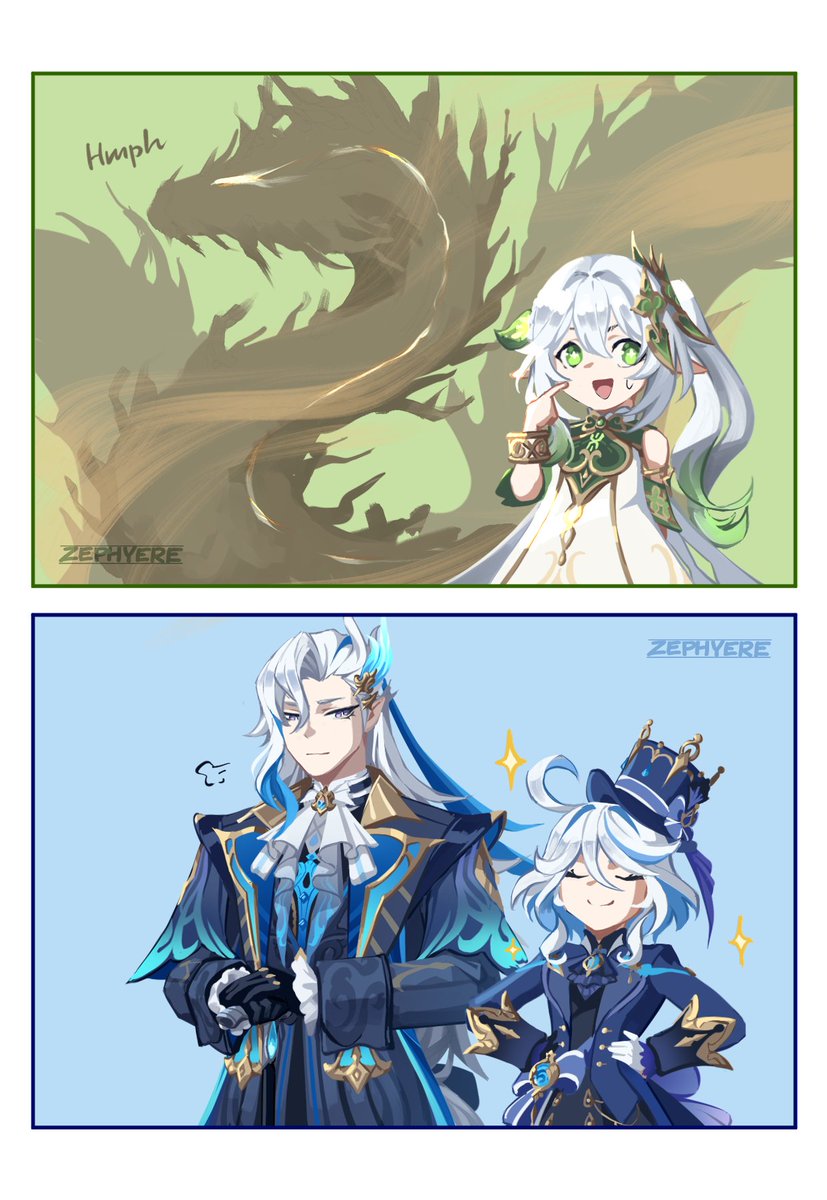 1boy, 2girls, amused, apep_(genshin_impact), artist_name, ascot, asymmetrical_gloves, blue_ascot