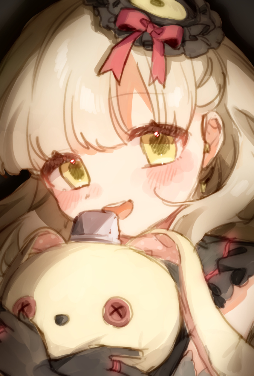 039nagyo, 1girl, :d, absurdres, bare_shoulders, black_background, black_gloves, black_hat, black_shirt, blonde_hair, blush, center-flap_bangs, commentary_request, earrings, elbow_gloves, frilled_shirt, frills, gloves, hair_behind_ear, hat, hat_ribbon, highres, holding, holding_stuffed_toy, jewelry, long_hair, looking_at_viewer, mayu_(vocaloid), open_mouth, portrait, red_ribbon, ribbon, shirt, simple_background, smile, solo, stuffed_animal, stuffed_rabbit, stuffed_toy, teeth, tongue, upper_teeth_only, usano_mimi, vocaloid, yellow_eyes