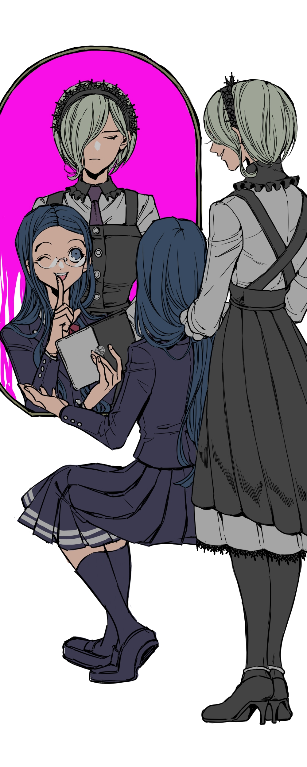 2girls, absurdres, adjusting_another's_hair, black_dress, black_footwear, black_hairband, black_pantyhose, black_socks