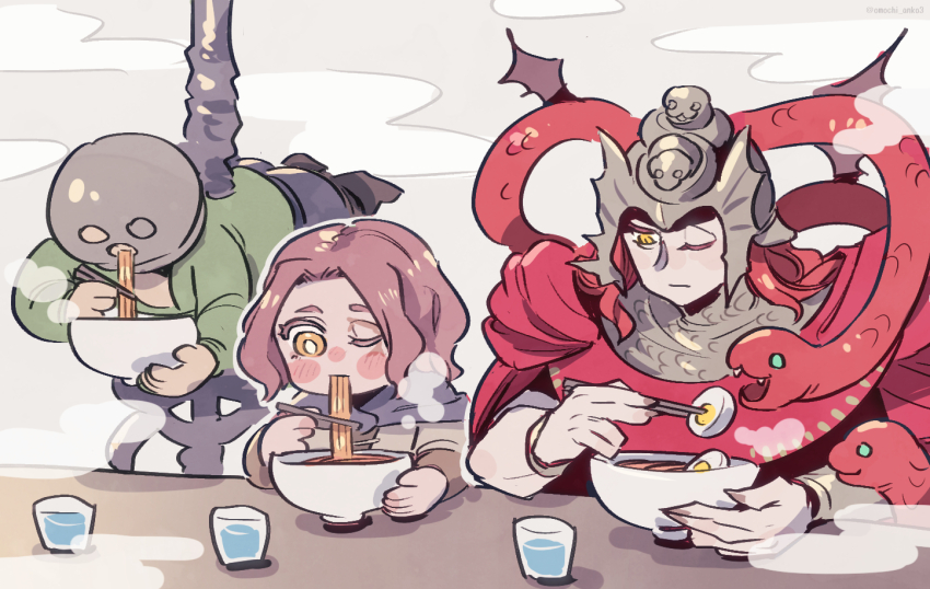 1boy, 1girl, 1other, animal, black_pants, blue_capelet, bowl, brother_and_sister