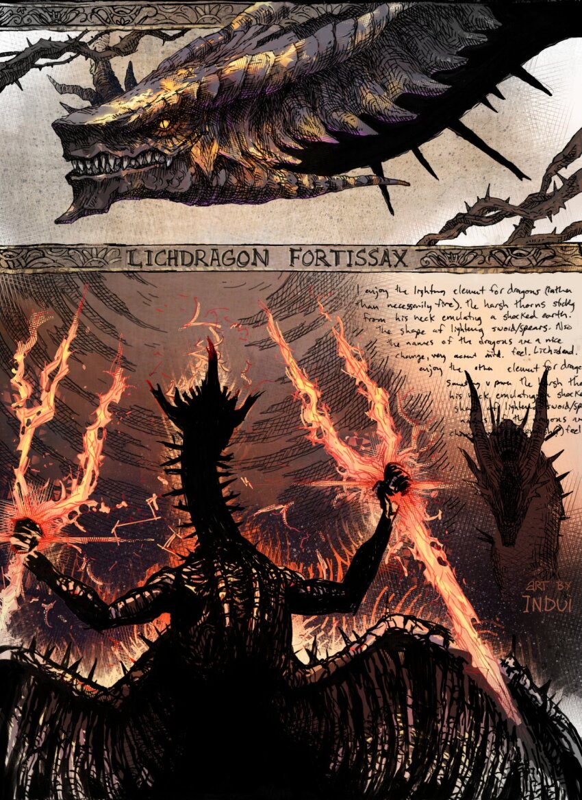 arms_up, artist_name, character_name, commentary, dragon, dragon_horns, elden_ring, electricity