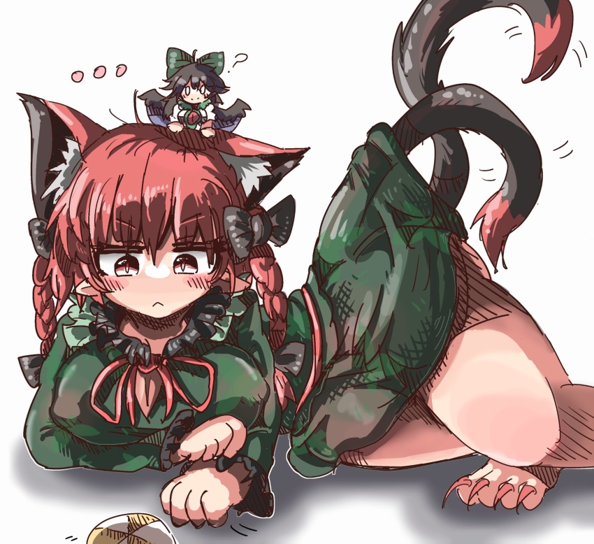 ..., 2girls, :<, ?, animal_ears, ball, blush, braid, breasts, cat_ears, cat_girl, cat_tail, closed_mouth, dress, extra_ears, eye20806972, fingernails, green_dress, highres, kaenbyou_rin, large_breasts, long_fingernails, mini_person, minigirl, multiple_girls, multiple_tails, red_eyes, red_nails, reiuji_utsuho, simple_background, solo_focus, tail, touhou, twin_braids, two_tails, v-shaped_eyebrows, white_background