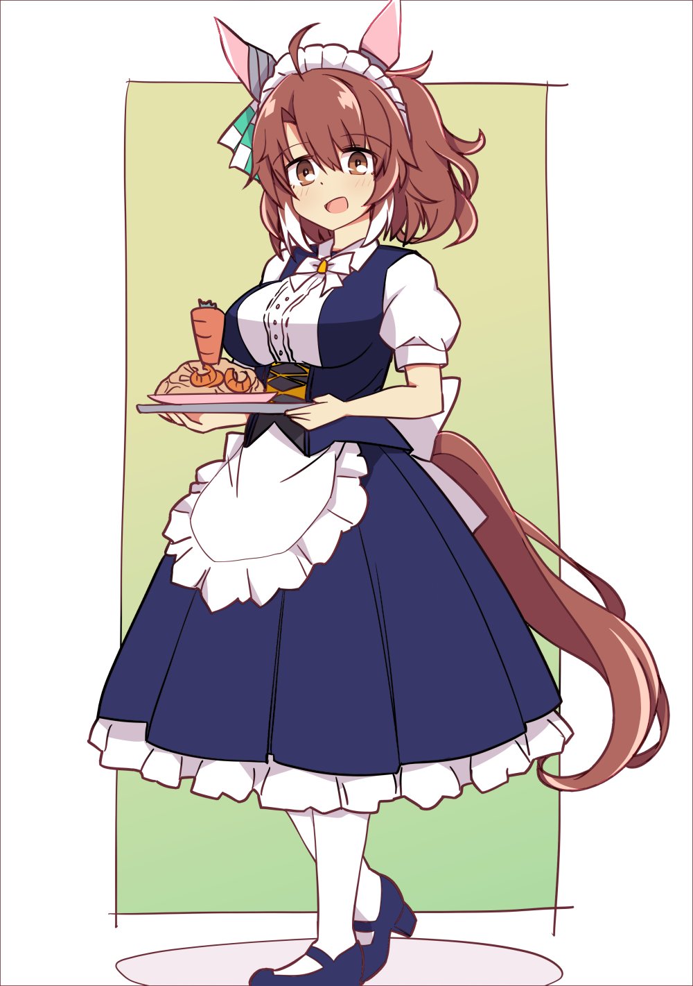 1girl, alternate_costume, animal_ears, apron, breasts, brown_eyes, brown_hair, carrot, commentary_request, dantsu_flame_(umamusume), enmaided, food, full_body, highres, large_breasts, maid, maid_headdress, medium_hair, occhahoi, open_mouth, simple_background, solo, standing, umamusume, wahiko_(black_bastard)