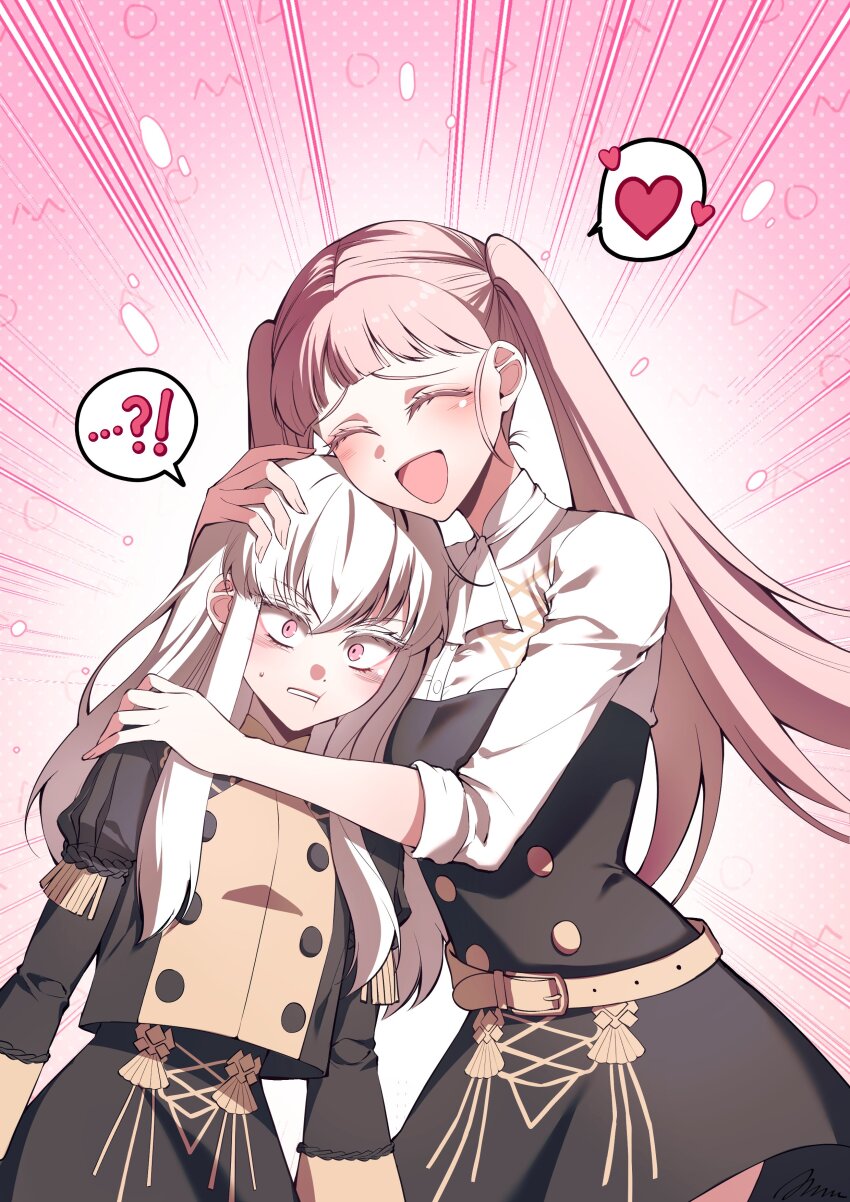 !?, 2girls, a_(asan_a_aa), absurdres, ascot, belt, belt_buckle, blush