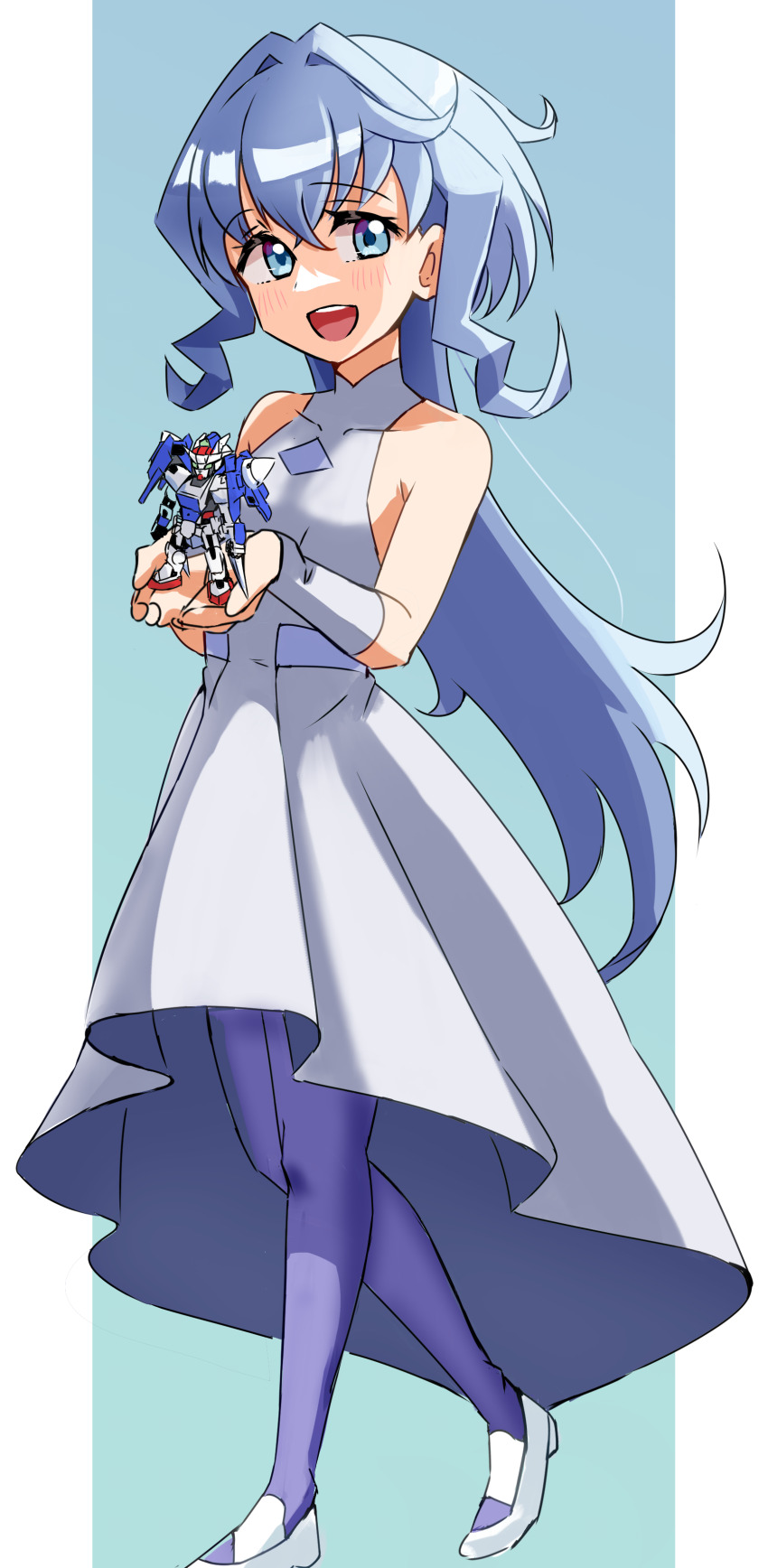 1girl, :d, absurdres, blue_background, blue_hair, blue_pantyhose, blush, breasts