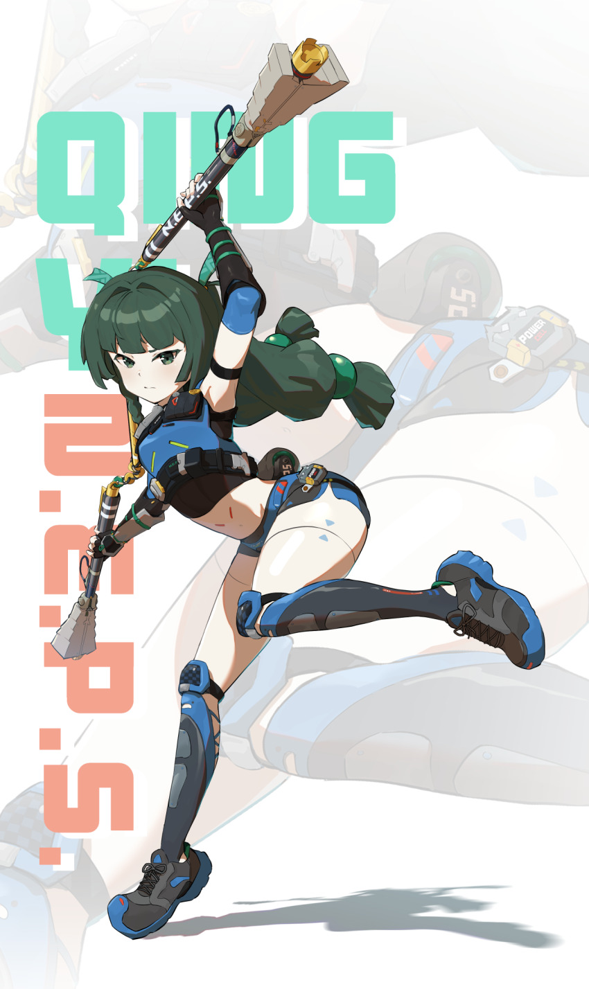 1girl, android, arm_up, battery, black_gloves, black_shoes, braid, braided_sidelock