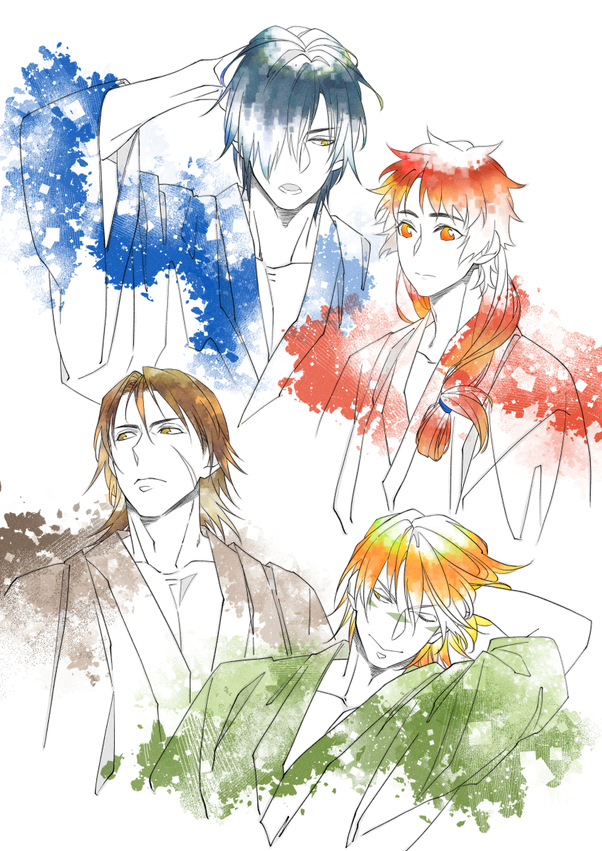 4boys, absurdres, alternate_costume, alternate_hairstyle, brown_hair, date_masamune_(sengoku_basara), facepaint, hair_down, hair_over_one_eye, highres, japanese_clothes, katakura_kojuurou_(sengoku_basara), kimono, long_hair, looking_at_another, looking_to_the_side, low-tied_long_hair, male_focus, multiple_boys, orange_eyes, orange_hair, partially_colored, red_eyes, red_hair, sanada_yukimura_(sengoku_basara), sarutobi_sasuke_(sengoku_basara), sawa12sss, sengoku_basara, short_hair, upper_body, yellow_eyes