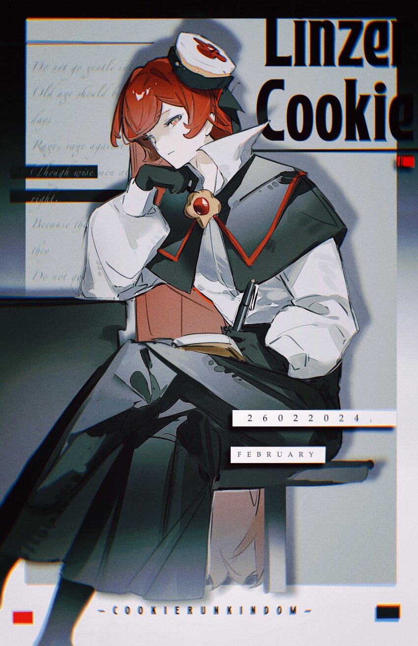 1girl, black_gloves, black_skirt, book, brooch, collared_shirt, cookie_run, cookie_run:_kingdom