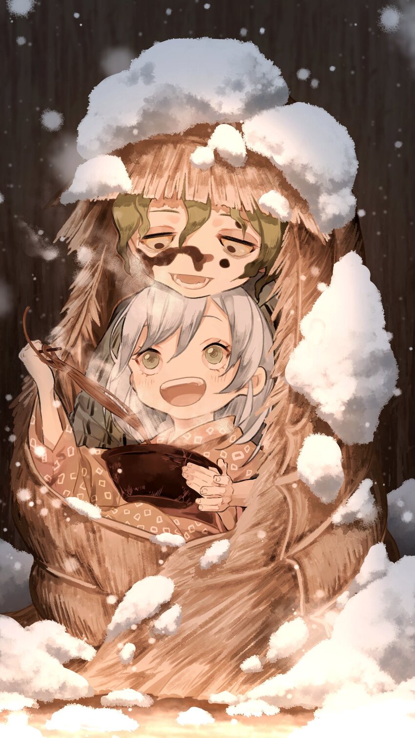 1boy, 1girl, :d, aged_down, bowl, brother_and_sister, brown_eyes, brown_kimono