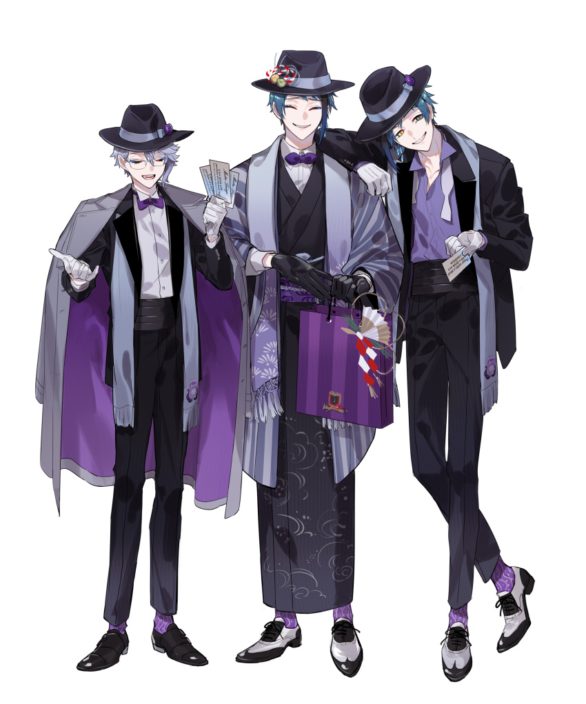 3boys, absurdres, azul_ashengrotto, black_kimono, black_suit, blue_hair, chashibu, coat