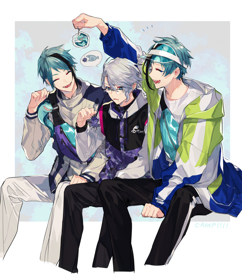 3boys, azul_ashengrotto, azul_ashengrotto_(outdoor_wear), blue_eyes, blue_hair, brothers, character_charm, charm_(object), chashibu, commentary_request, cropped_legs, facing_another, floyd_leech, floyd_leech_(outdoor_wear), glasses, grey_background, grey_hair, highres, holding, jacket, jade_leech, jade_leech_(outdoor_wear), male_focus, multiple_boys, sharp_teeth, short_hair, siblings, sitting, teeth, twins, twisted_wonderland, visor_cap