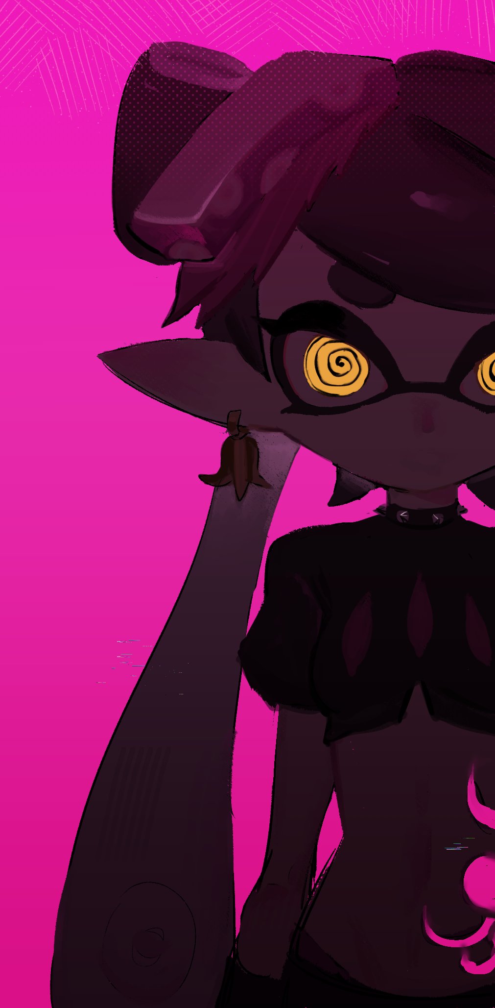 1girl, @_@, black_hair, black_shirt, callie_(octo_idol_outfit)_(splatoon), callie_(splatoon), collar, crop_top