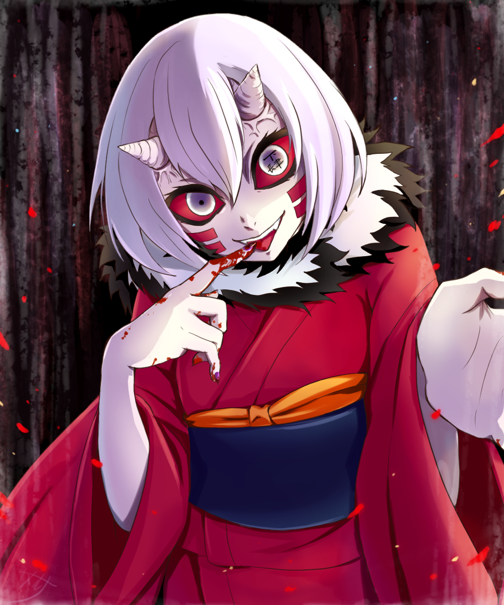 1girl, blood, bob_cut, colored_sclera, demon_girl, demon_horns, highres, horns