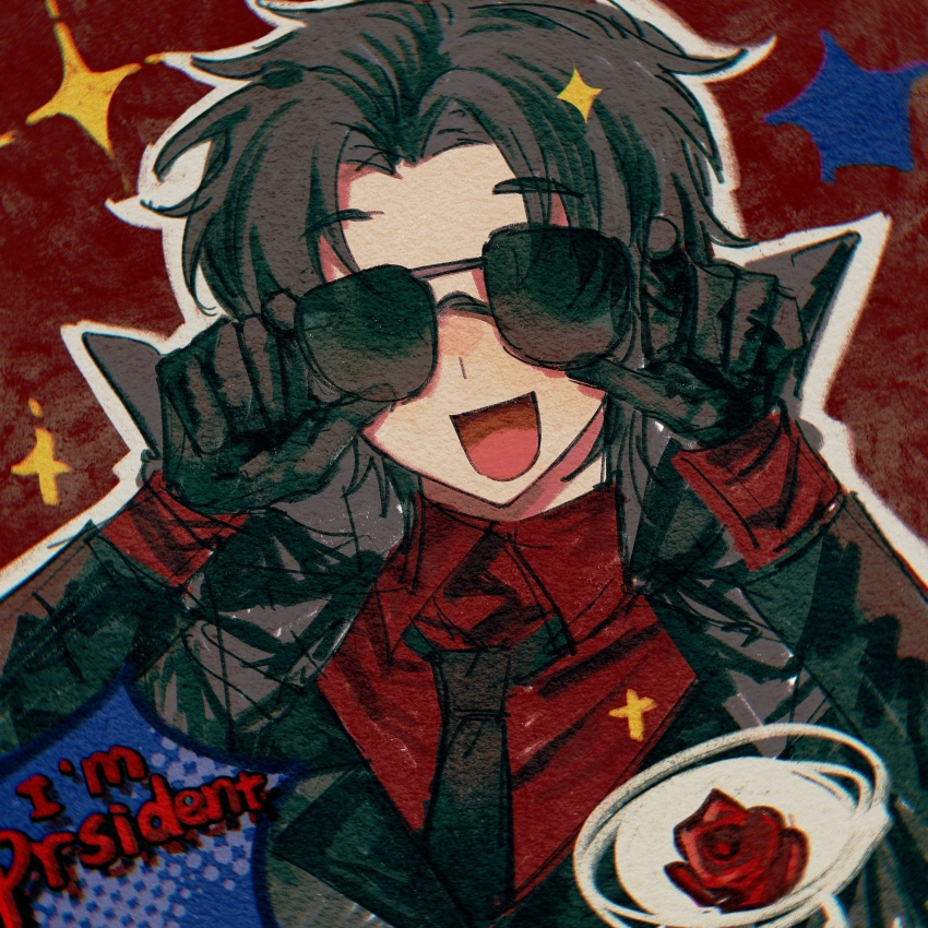 1boy, adjusting_eyewear, black_gloves, black_hair, black_jacket, black_necktie, chinese_commentary, commentary_request, english_text, engrish_text, flower, gloves, highres, jacket, long_sleeves, male_focus, necktie, open_mouth, outline, parted_bangs, portrait, ranguage, red_background, red_flower, red_rose, red_shirt, rose, shirt, short_hair, smile, solo, songhuayameijiyumao, sunglasses, touqi_guaitan, white_outline, zhu_yaoxing