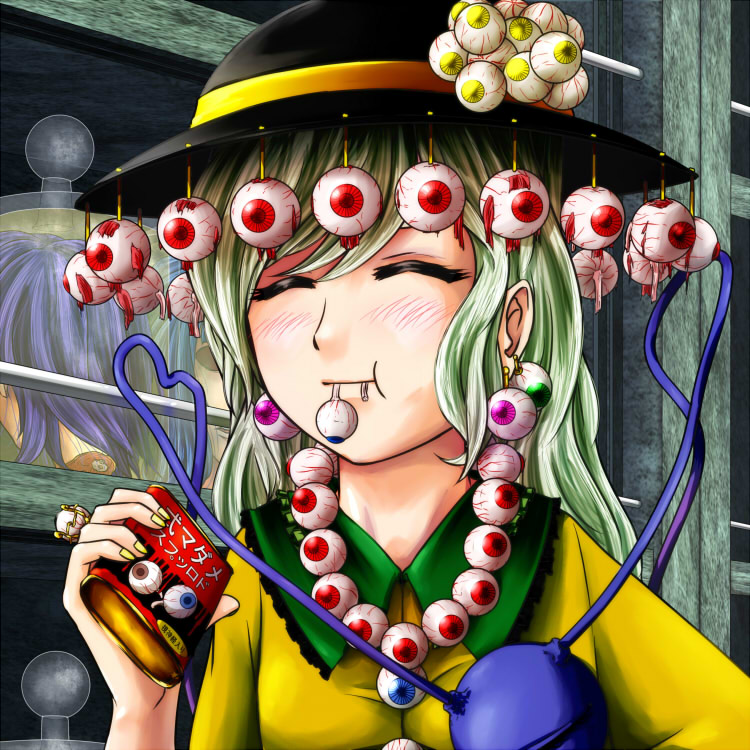 1girl, :t, amogiri, blush, closed_eyes, earrings, eating, eyeball