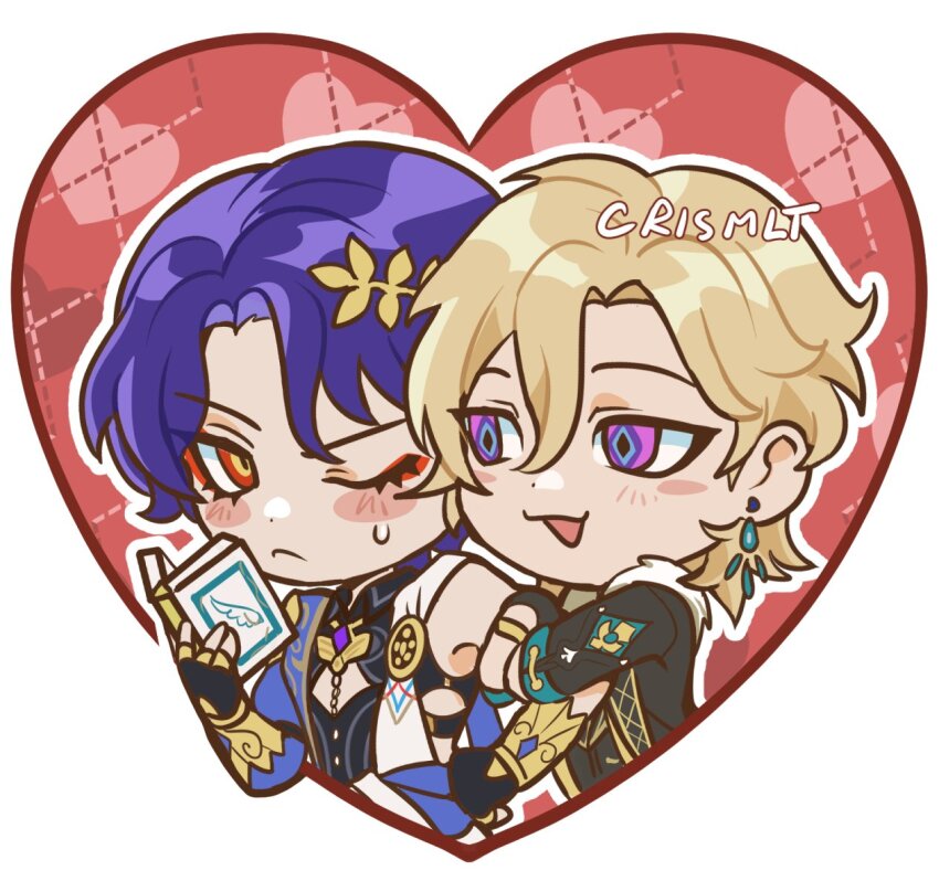 2boys, armlet, aventurine_(honkai:_star_rail), black_jacket, blonde_hair, blue_hair, blush, book