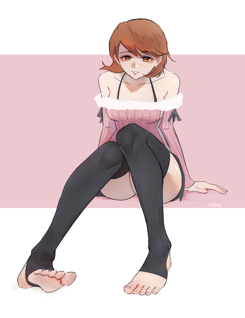 1girl, barefoot, black_thighhighs, brown_eyes, brown_hair, feet, highres, looking_at_viewer