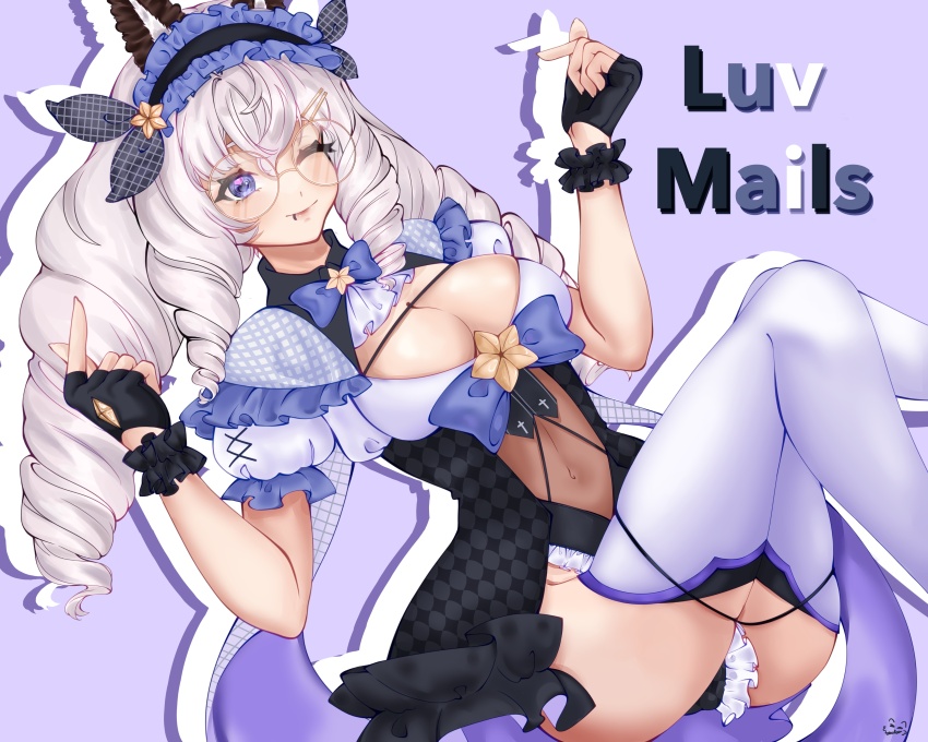 1girl, absurdres, animal_ears, artist_logo, ascot, black_gloves, black_scrunchie, blue_bow, blue_bowtie, bow, bowtie, breasts, character_name, cleavage_cutout, closed_mouth, clothing_cutout, commission, drill_hair, drill_sidelocks, face_piercing, fingerless_gloves, glasses, gloves, grey_hair, grey_thighhighs, hair_ornament, hairpin, highres, indie_virtual_youtuber, linea_alba, lip_piercing, logo, long_hair, luvmails, maid, maid_headdress, navel, one_eye_closed, outline, piercing, puffy_short_sleeves, puffy_sleeves, purple_background, purple_eyes, round_eyewear, scrunchie, short_sleeves, sidelocks, solo, star_(symbol), thighhighs, towha, virtual_youtuber, white_outline, wrist_scrunchie