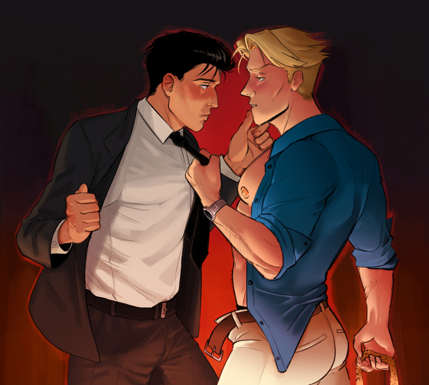 2boys, artist_collaboration, bara, belt, black_background, black_coat, black_hair, black_pants