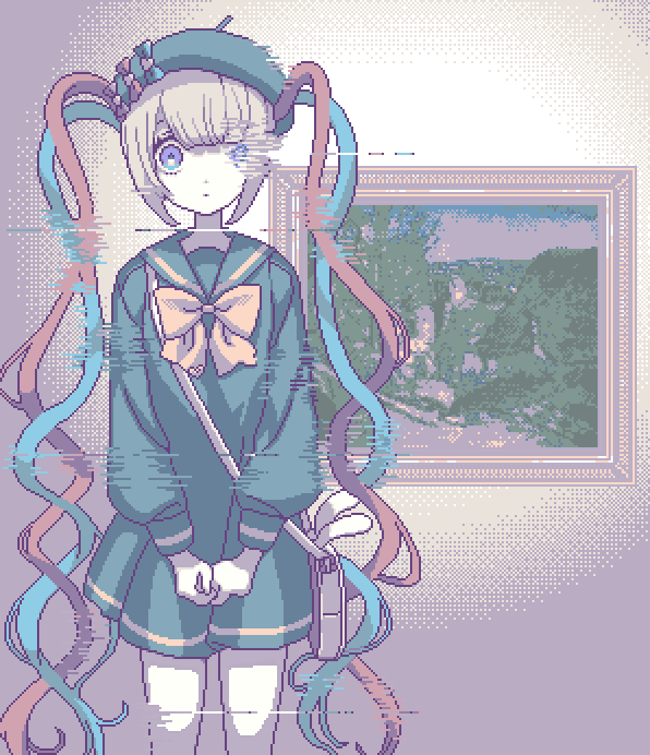 1girl, beret, blonde_hair, blue_bow, blue_dress, blue_eyes, blue_hair, blue_hat