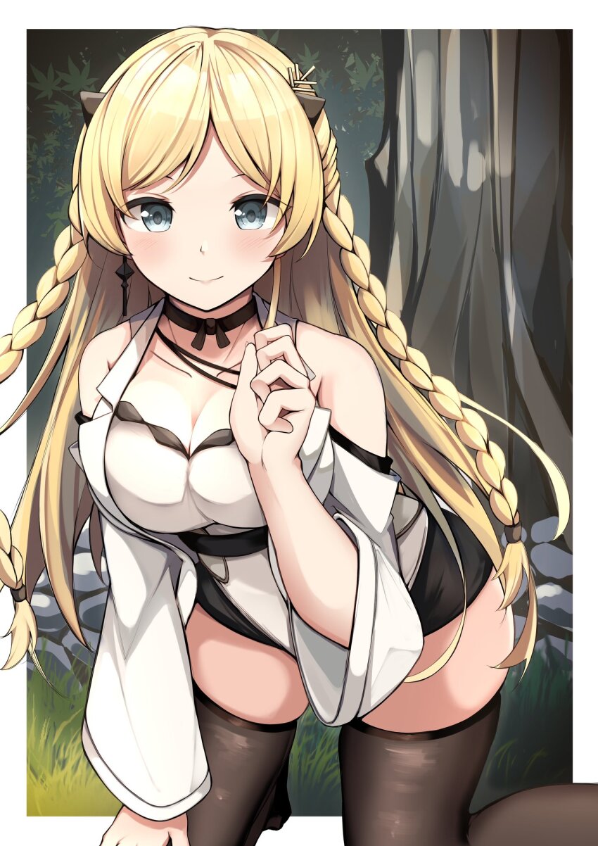 1girl, aratake, bare_shoulders, black_thighhighs, blonde_hair, blue_eyes, braid, breasts