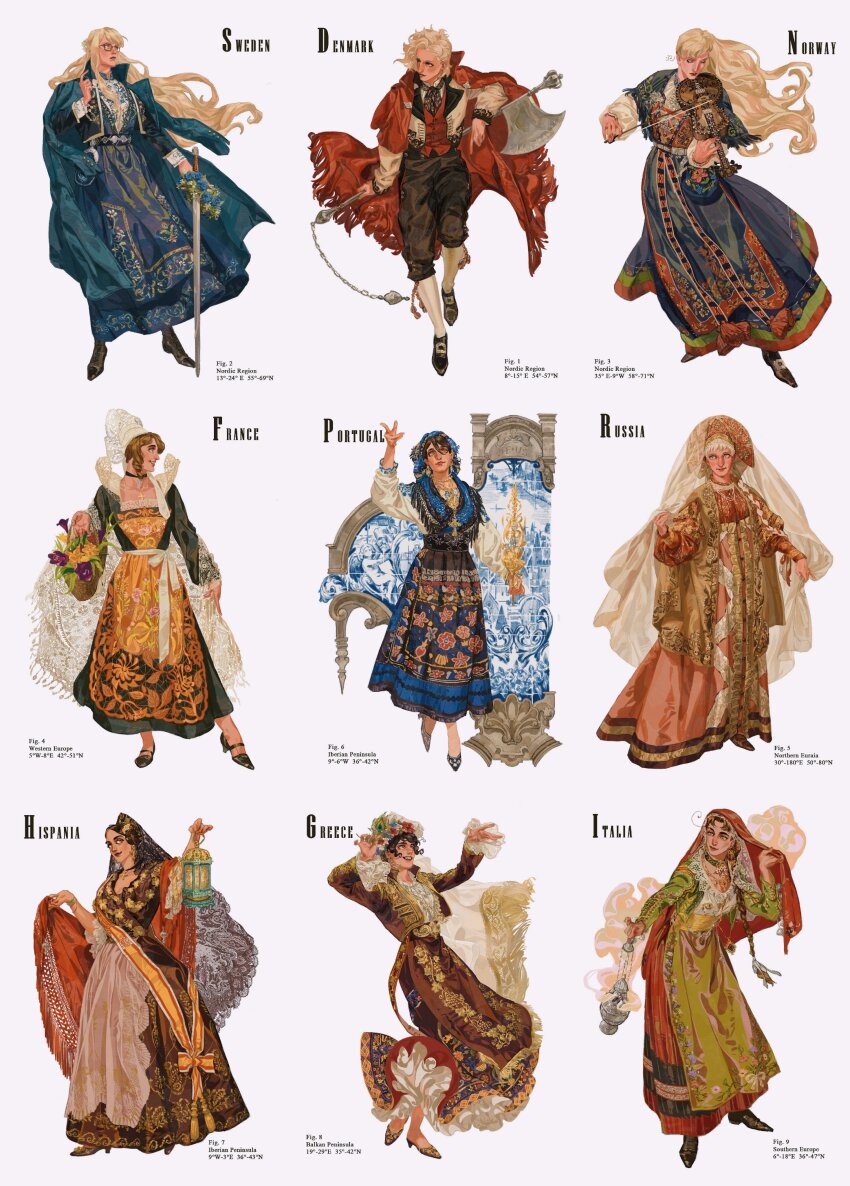 6+girls, absurdres, ahoge, axe, axis_powers_hetalia, basket, battle_axe, belt, blonde_hair, bow_(music), braid, braided_ponytail, brown_hair, cape, choker, cloak, coat, coat_on_shoulders, cropped_jacket, curly_hair, danish_clothes, denmark_(hetalia), dress, flower, france_(hetalia), french_clothes, full_body, genderswap, genderswap_(mtf), glasses, greece_(hetalia), hair_flower, hair_ornament, hand_on_hilt, hat, headscarf, headdress, highres, holding, holding_axe, holding_basket, holding_instrument, holding_lamp, holding_sword, holding_violin, holding_weapon, instrument, italian_clothes, jewelry, long_dress, long_hair, long_skirt, long_sleeves, multiple_girls, music, necklace, northern_italy_(hetalia), norway_(hetalia), norwegian_clothes, pants, playing_instrument, portugal_(hetalia), portuguese_clothes, russia_(hetalia), russian_clothes, sash, shawl, shirt, shoes, short_hair, single_braid, skirt, spain_(hetalia), spanish_clothes, standing, sweden_(hetalia), swedish_clothes, sword, ting_(u4lo6), traditional_dress, traditional_greek_clothes, updo, veil, violin, wavy_hair, weapon, white_background