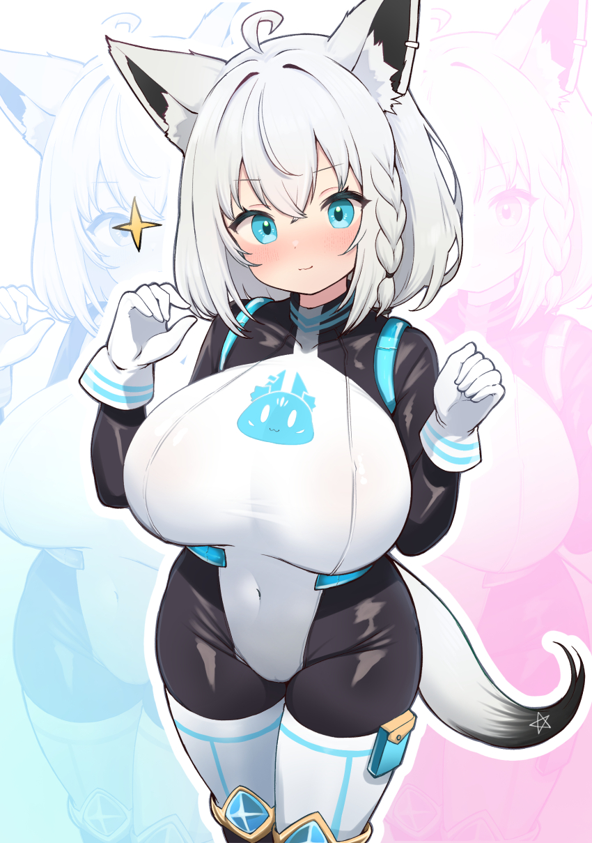 1girl, :3, absurdres, ahoge, alternate_breast_size_(larger), alternate_costume, animal_ear_fluff, animal_ears, black_bodysuit, blue_background, blue_eyes, blush, bodysuit, bodysuit_under_clothes, braid, braided_sidelock, breasts, cat_smile, closed_mouth, double-parted_bangs, ear_piercing, eyebrows, facing_viewer, female_focus, gloves, hair_between_eyes, hair_intakes, hands_up, highres, hololive, hololive_gamers, kani_bonara, knees_out_of_frame, large_breasts, leotard, logo, looking_at_viewer, medium_hair, navel, piercing, pinching_gesture, pink_background, pouch, shirakami_fubuki, skin_tight, smile, solo, standing, star_(symbol), tail, thigh_pouch, thighhighs, tiny_gesture, two-tone_background, virtual_youtuber, white_gloves, white_hair, white_leotard, white_thighhighs, wide_hips, wolf_ears, wolf_girl, wolf_tail