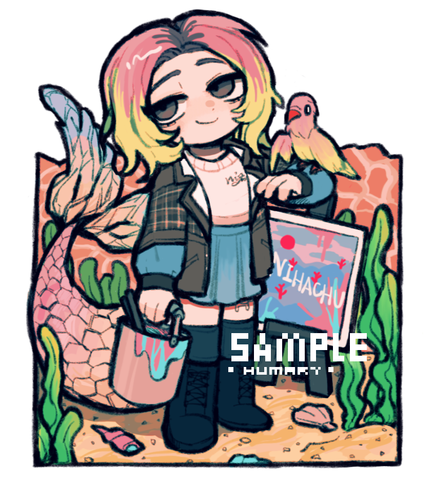 1girl, animal, bird, black_jacket, blonde_hair, boots, border, character_name, chinese_commentary, commentary_request, deformed, fins, fish_girl, fish_tail, full_body, grey_eyes, holding, jacket, looking_at_viewer, minecraft_youtube, multicolored_hair, nihachu, open_clothes, open_jacket, origins_smp, parrot, pink_hair, sample_watermark, solo, standing, sweater, tail, two-tone_hair, warwickalantero, watermark, white_border, white_sweater