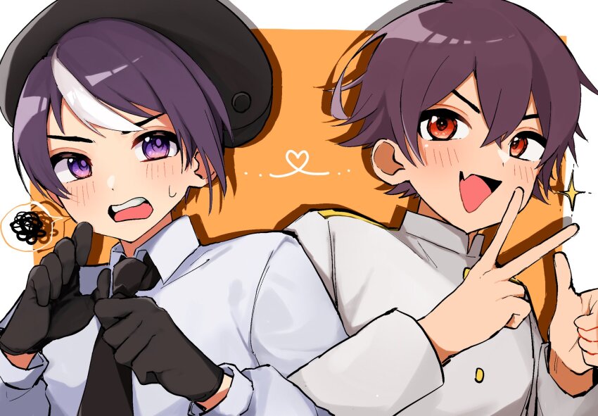 2boys, axis_powers_hetalia, black_gloves, black_hat, blush, border, brown_hair, fang