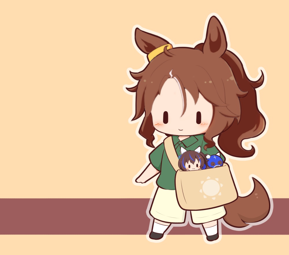 2girls, :3, animal, animal_ears, bag, black_footwear, blue_hair, blush_stickers