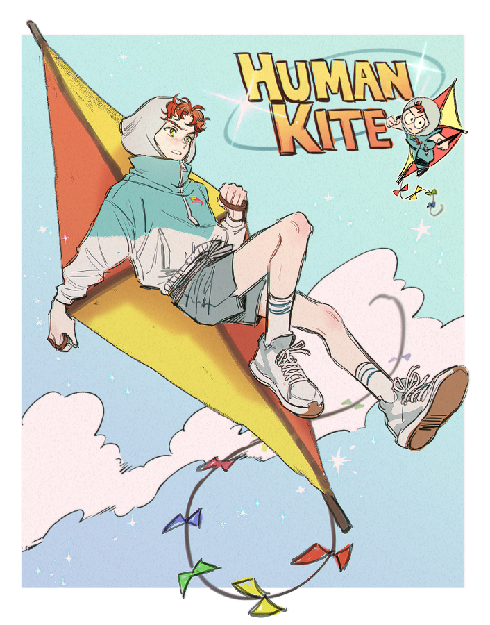 1boy, above_clouds, blue_sky, character_name, chibi, chibi_inset, cloud, flying